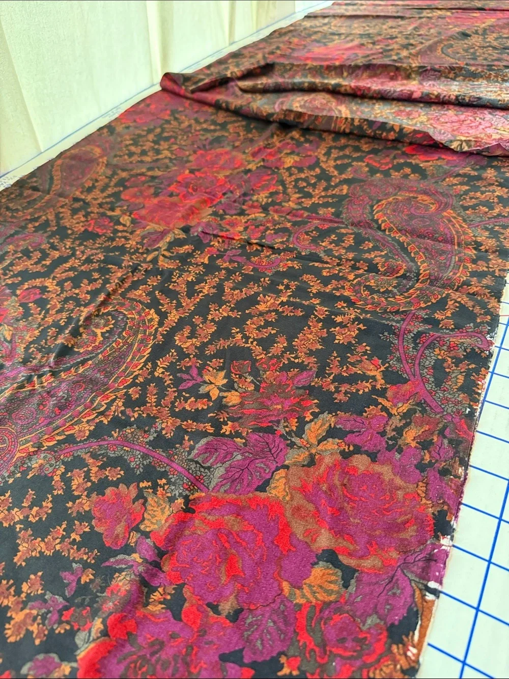 Vintage 1970s Paisley Floral Fabric Black Burgundy Rust Boho 3 Yards x 44”